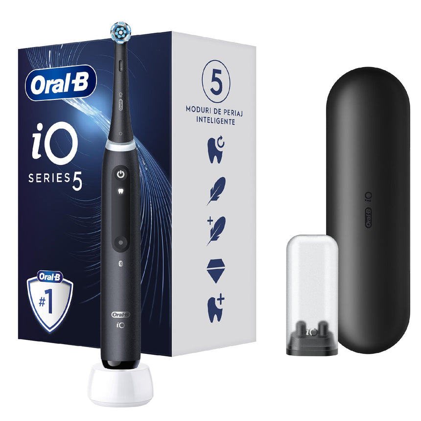 Periuta de dinti electrica Oral-B iO5 cu Tehnologie Magnetica si Micro-Vibratii, Inteligenta artificiala, Display conversational, Senzor de presiune Smart, 5 moduri, 1 capat, Trusa de calatorie, Negru