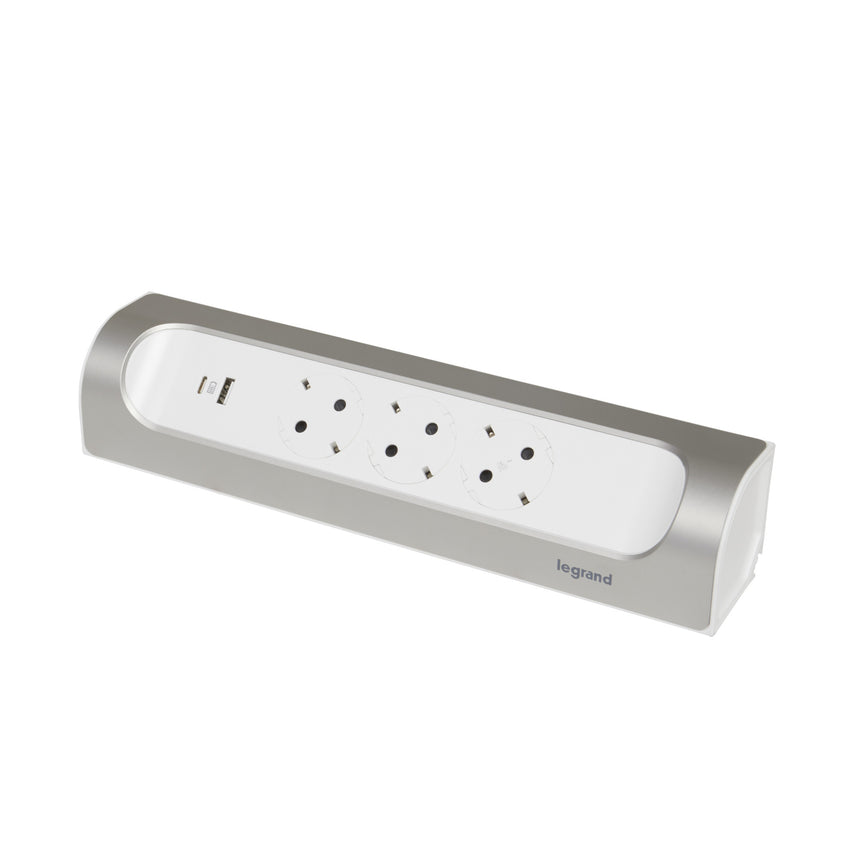 Multipriza unghiulara Legrand, 3 prize, 1x USB, 1x USB-C, 3A-5V-15W, fara cordon, Alb/Aluminiu