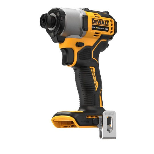 Masina compacta de insurubat cu impact pe acumulator DeWALT DCF840N, 18V XR, motor fara perii, hex 1/4 inch, cuplu maxim 192 Nm, iluminare LED, clema fixare centura, adaptor magnetic, fara acumulator/incarcator