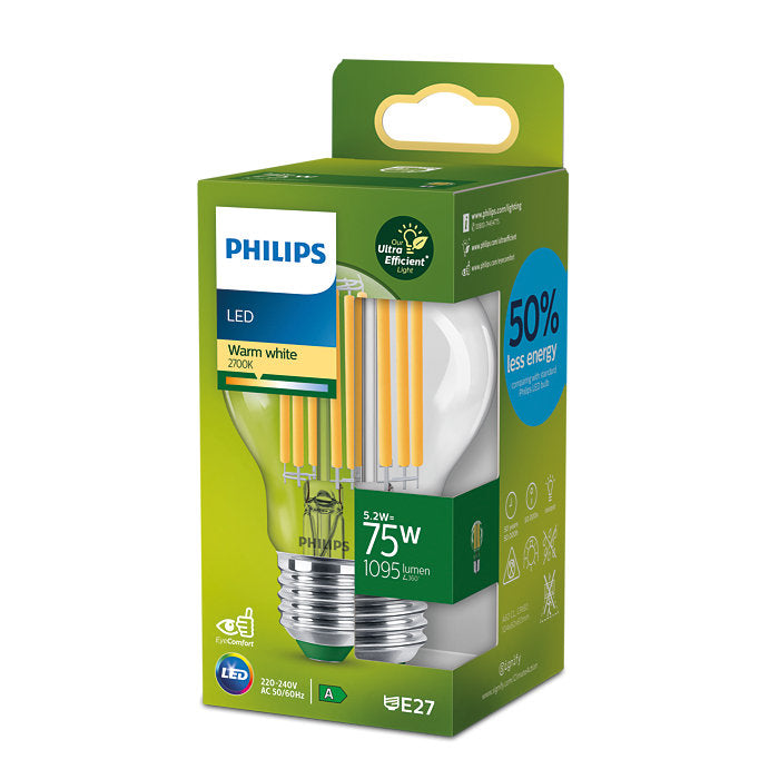 Bec LED cu filament Philips Ultra Efficient, A60, E27, 5.2W (75W), 1095 lm, lumina calda (2700K), Clasa energetica A