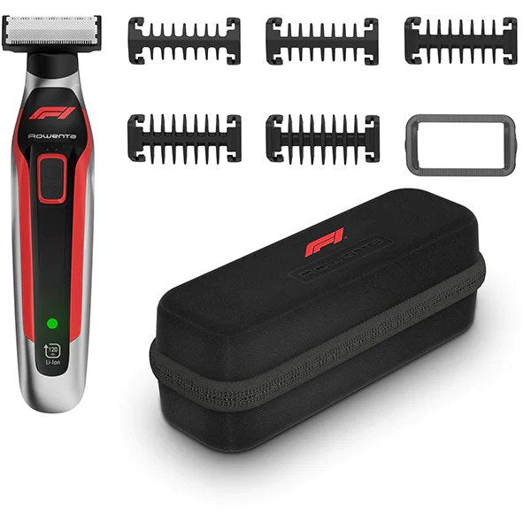 Aparat de ras, tuns si conturat Rowenta Formula 1® TN604MF0, 5 piepteni, fara fir, Functie Wet&Dry, inox, rosu
