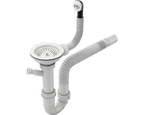 Sifon flexibil cu ventil si preaplin Ø90 cu racord pentru masina de spalat vase/rufe alb