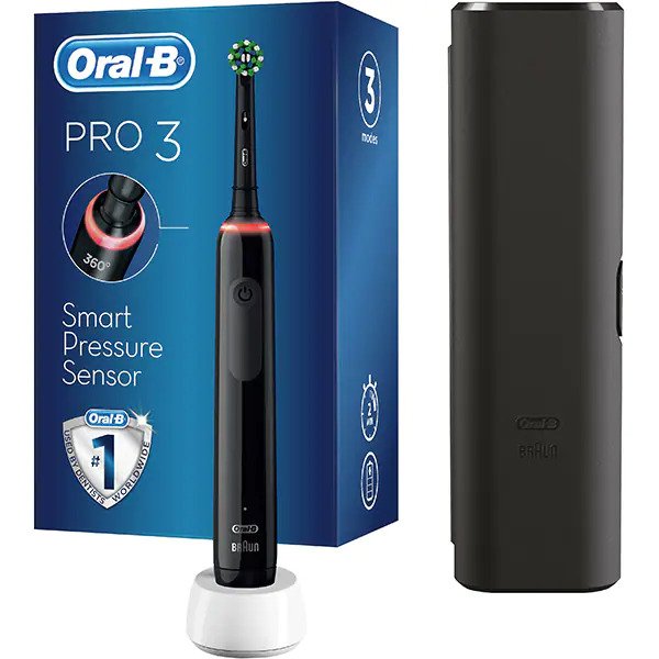 Periuta de dinti electrica Oral-B Pro 3 Cross Action, Curatare 3D, 3 programe, 1 capat, Trusa de calatorie, Negru