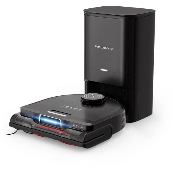 Aspirator robot Rowenta X-Plorer Serie 240+ RR9695WH, aspirator si mop, autonomie 120 min, recipient praf 0.35L, statie de incarcare si golire praf, mop Smart Aqua Power, negru