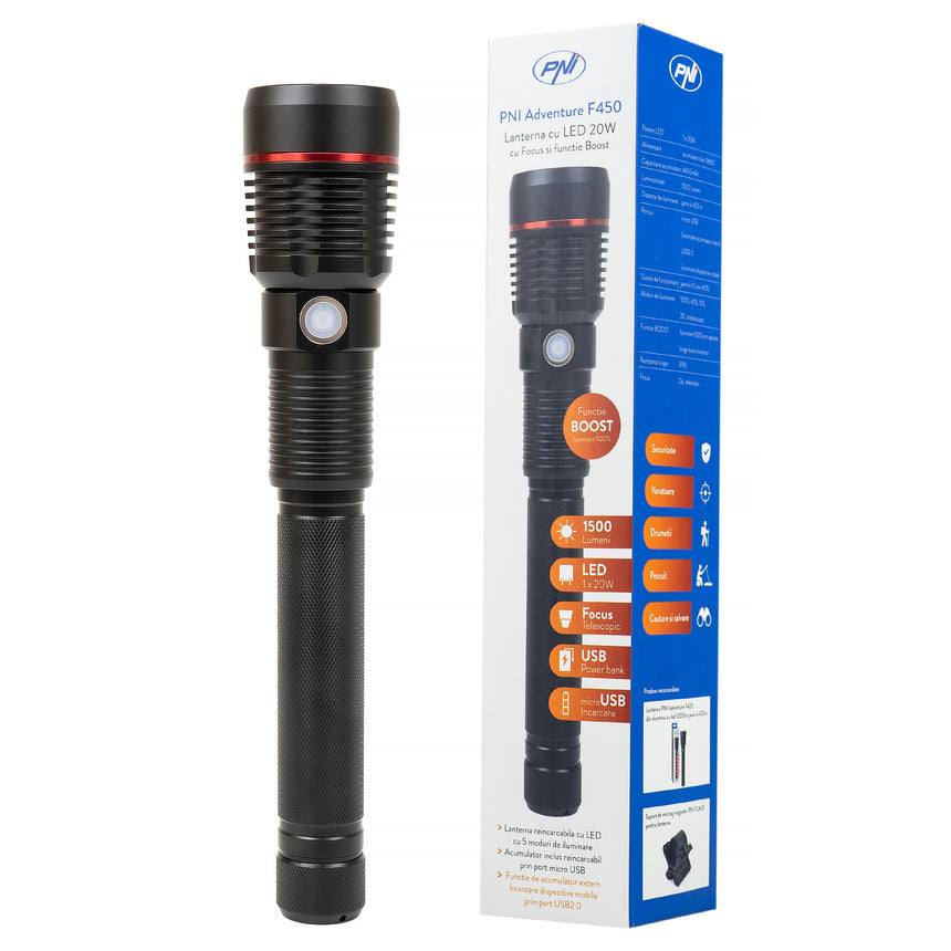 Lanterna LED cu acumulator PNI Adventure F450, 20W, 1500 lm, functie BOOST, functie power bank, incarcare micro USB, acumulator Li-Ion 18650 4400 mAh, IPX5, Aluminiu