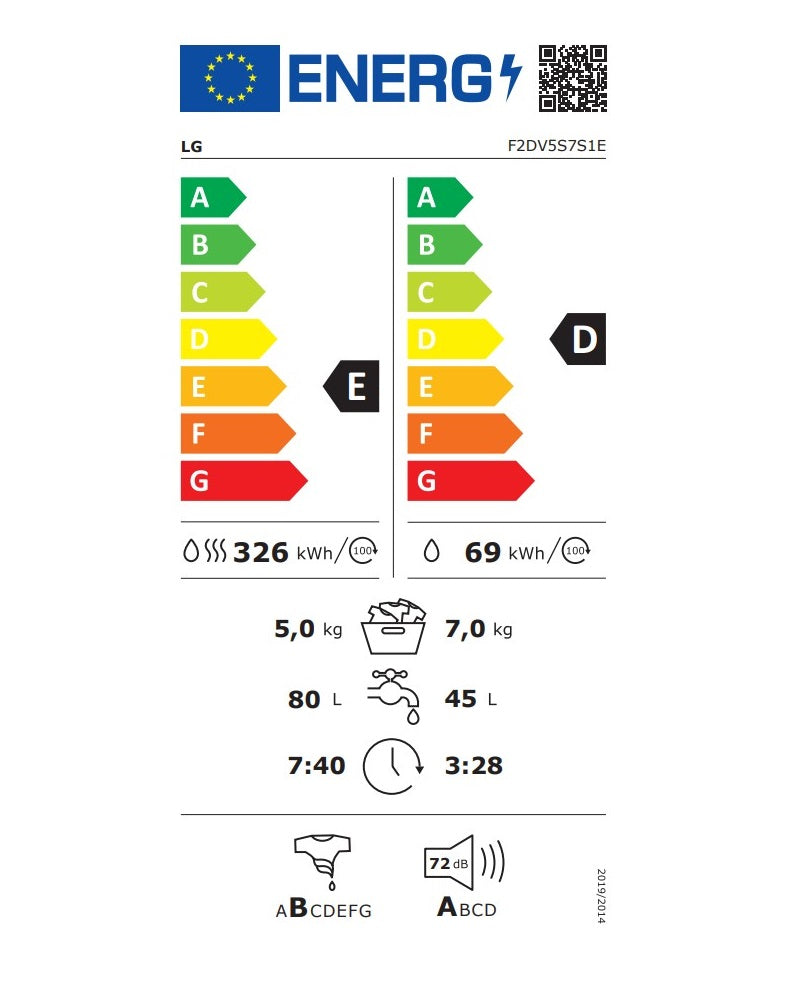 Masina de spalat cu uscator cu incarcare frontala, LG F2DV5S7S1E De sine statator, 7 kg de spalare, 5 kg de uscare, Clasa energetica E, 1200 rpm, TurboWash360°, AI DD, Wifi, Alb