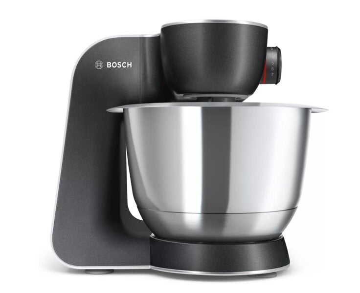 Robot de bucatarie Bosch MUM5 MUM58M59, 1000 W, 7 viteze + Pulse, bol 3.9 l, Blender 1.25l, Masina de tocat, parcare automata pentru modul stand-by, soft star, Negru/ argintiu