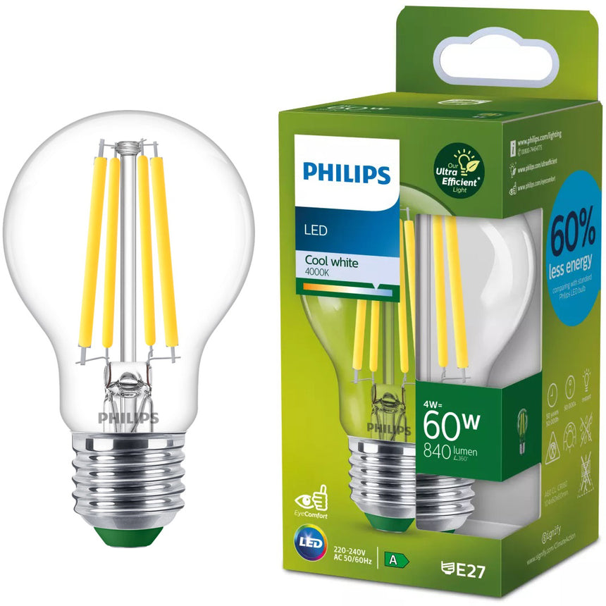 Bec LED Philips A60, E27, 4W (60W), 840 lm, temperatura lumina alba (4000K), clasa energetica A
