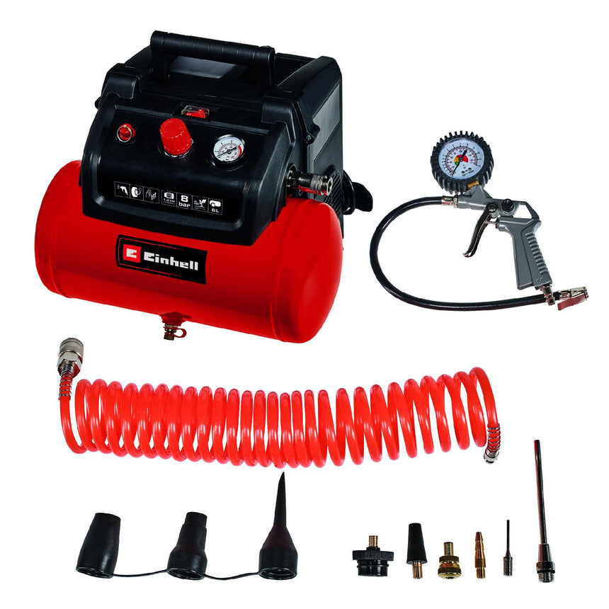 Compresor aer fara ulei Einhell TC-AC 190/6/8 OF set, 1200 W, 8 bar presiune lucru, 6 l capacitate rezervor, 130 l/min debit aer refulat, 190 l/min debit aer aspirat