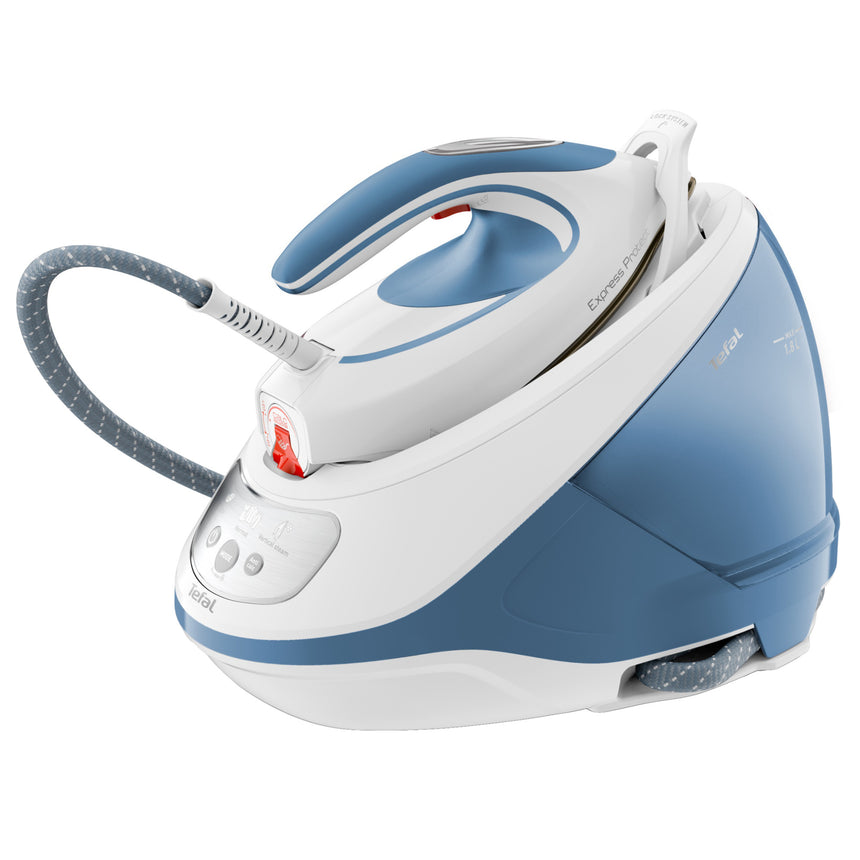 Statie de calcat Tefal Express Protect SV9202E0, 2800W, presiune 7.5 bari, jet de abur 520 g/min, rezervor 1.8L, talpa Durilium Airglide Autoclean, Alb&albastru