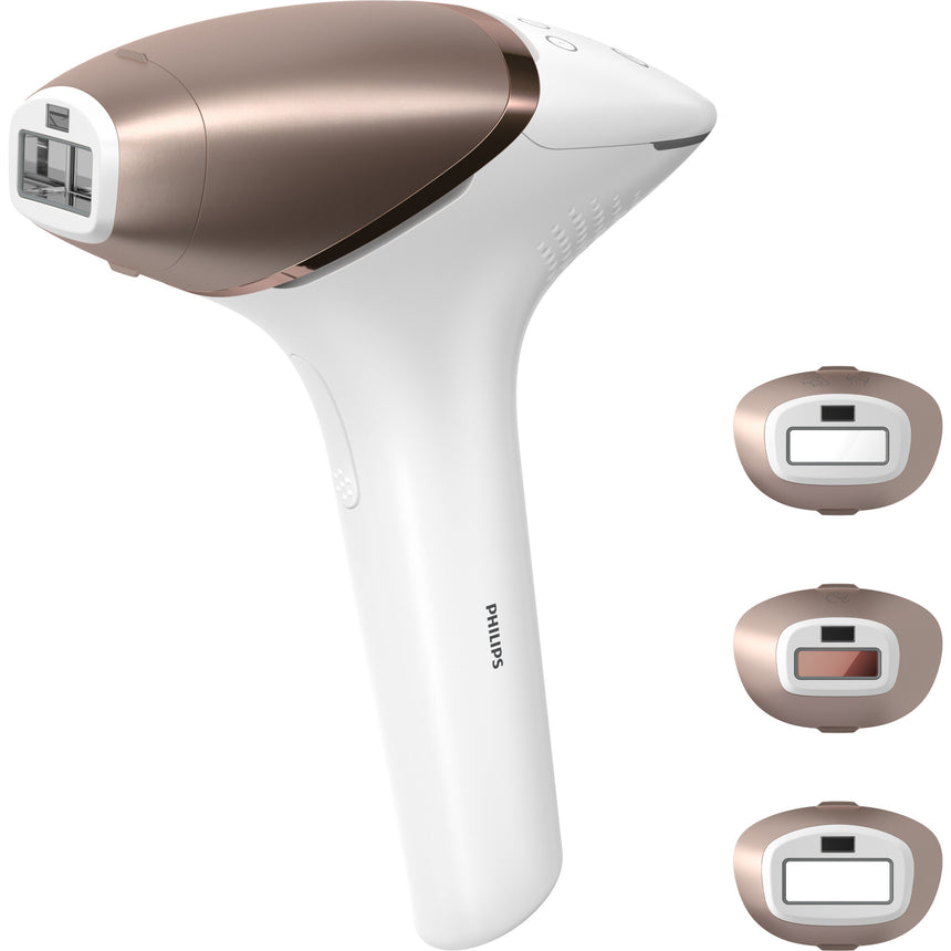 Epilator IPL Philips Lumea Seria 9000 BRI955/00, Senzor Smartskin, tehnologie SenseIQ, utilizare cu sau fara fir, 450.000 impusuri, accesoriu fata, corp, precizie, Alb/Roz