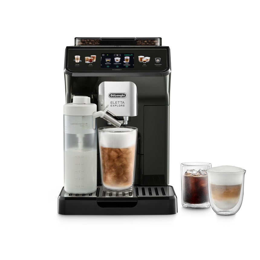 Espressor automat De'Longhi Eletta Explore ECAM 450.65.G, 50+ tipuri de bauturi, 19 bari, 2 Carafe cu tehnologie LatteCrema (Hot & Cool), Tehnologie de extractie la rece, Rasnita cu tehnologie Bean Adapt, Coffee Link App, 1450W, Gri inchis