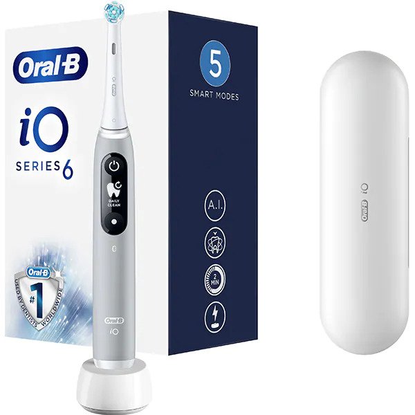 Periuta de dinti electrica Oral-B iO6 cu tehnologie magnetica si micro-vibratii, inteligenta artificiala, display led interactiv, senzor de presiune smart, timer vizibil, 5 moduri, 1 capat, trusa de calatorie, gri