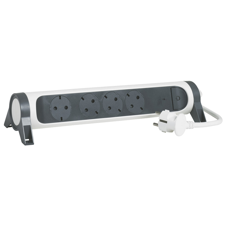 Prelungitor rotativ Legrand Revolution L694525, cu intrerupator iluminat, 4 prize, protectie ultrasarcina, indicator LED, sectiune cablu 3x1.5mm, cordon 1.5m, Alb/Gri