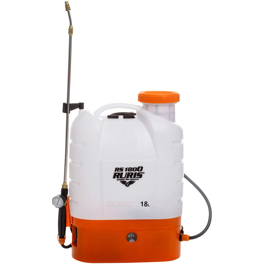Pompa electrica de stropit cu presiune pe acumulator Ruris RS 1800, acumulator 12V 8Ah, rezervor tip rucsac 18 L, lance metalica telescopica, autonomie 4 h, presiune maxim 0.4 Mpa,manometru, include: acumulator + incarcator