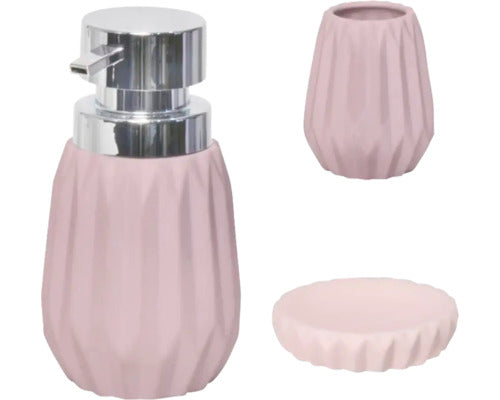 Set Dozator Sapun Lichid, Sapuniera Si Pahar Relief Ceramica Roz