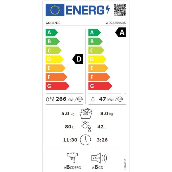 Gorenje WD2A854ADS Masina de spalat si uscator, clasa energetica A+D, 8 kg/5 kg, 1400 rpm, Alb
