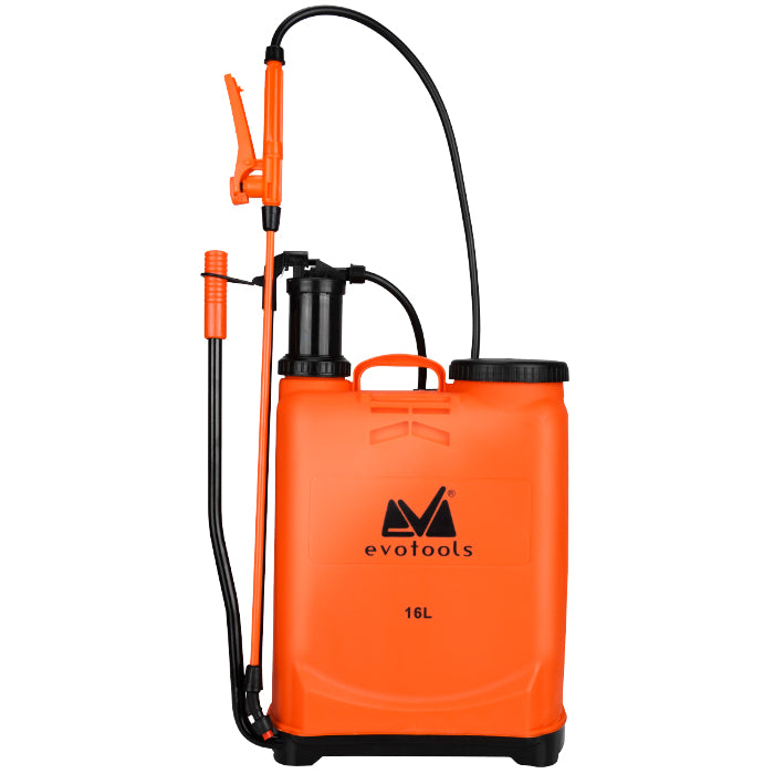 Pompa manuala de stropit cu presiune EvoTools 677271, rezervor tip rucsac 12 L, 3 duze, 58 cm lungime lance, lance din fibra de sticla, 130 cm lungime furtun, 3 bar presiune maxima