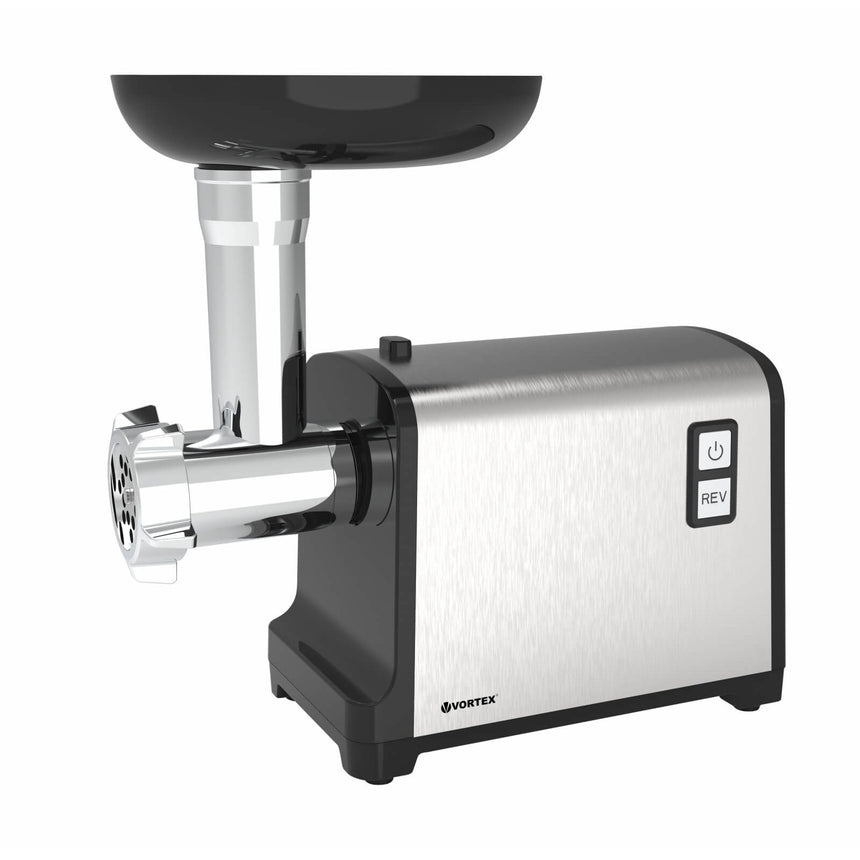 Masina de tocat carne Vortex VO4023, 2100 W, 1.2 Kg/min, 3 site inox, Functie reverse, Accesoriu suc de rosii, Argintiu