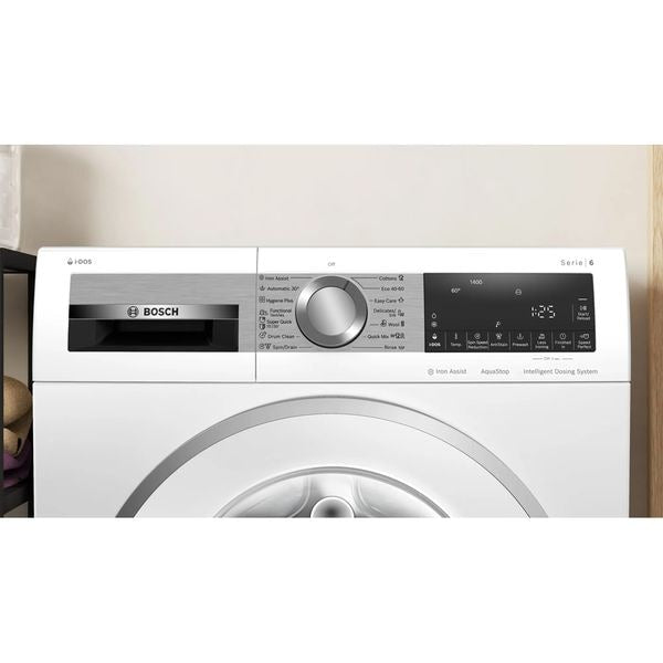 Masina de spalat cu incarcare frontala Bosch WGG244F9BY Serie 6, 9 kg, dozare automata i-DOS, EcoSilenceDrive, clasa energetica A, usa alba din otel inoxidabil