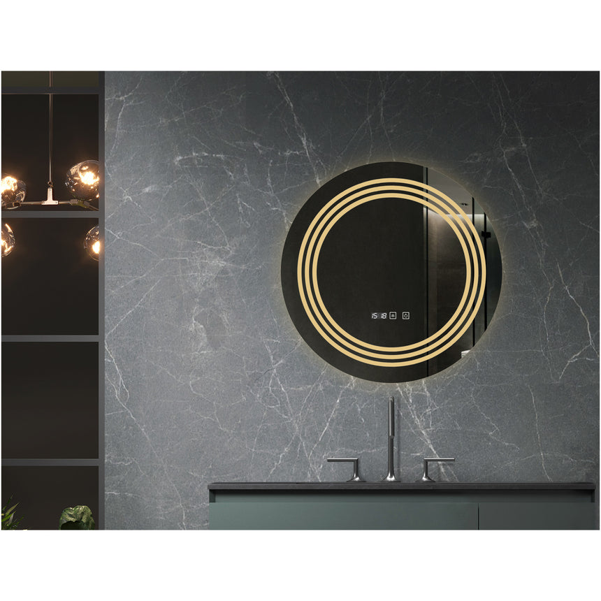 Oglinda baie Belform Cronos, cu iluminare LED 3 culori, intrerupator Touch, ceas, functie dezaburire, 60x60 cm, clasa energetica F