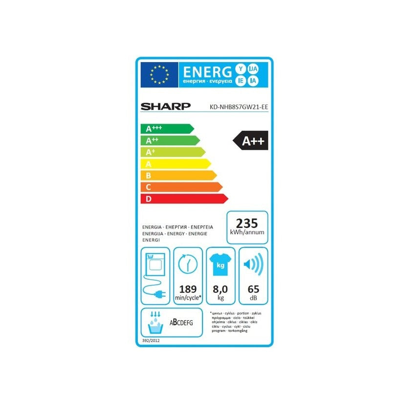 Uscator de Rufe SHARP KD-NHB8S7GW21-EE, Pompa de Caldura, 8 kg, 15 programe, Clasa A++, Alb