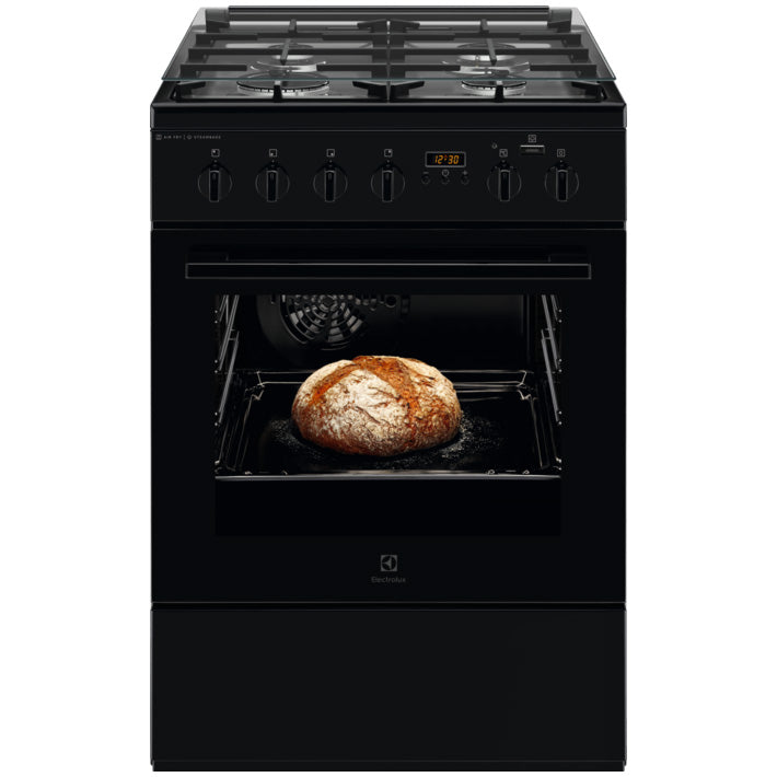 Aragaz Electrolux LKK660200K, Mixt, 4 arzatoare gaz, Cuptor electric multifunctional, Gratare fonta, Plus Steam, AirFry, Aprindere integrata, Grill electric, Clasa A, 60 cm, Negru