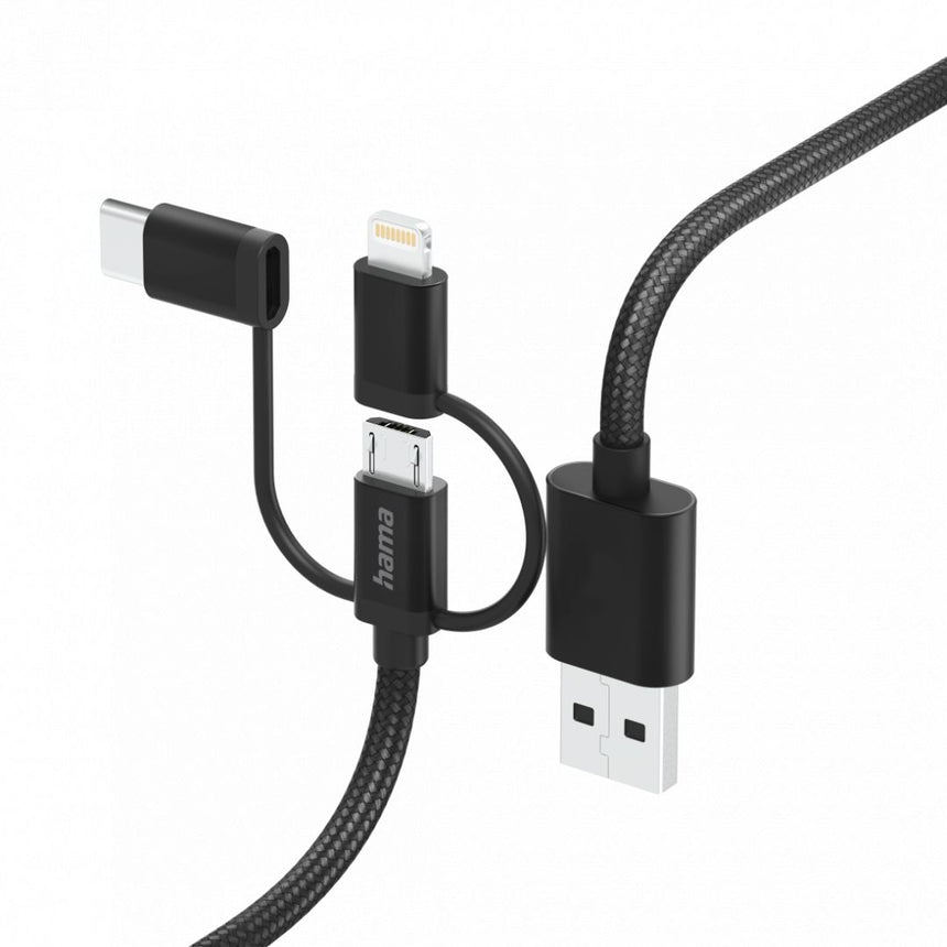 Cablu de incarcare 3-in-1 Hama, USB-A - Micro-USB, USB-C si Lightning, 1,5 m, negru