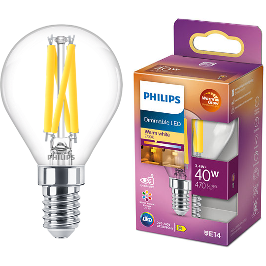 Bec LED vintage Philips Classic P45, dimabil, E14, 3.4W (40W), 470 lm, lumina calda (2200-2700K), clasa energetica D
