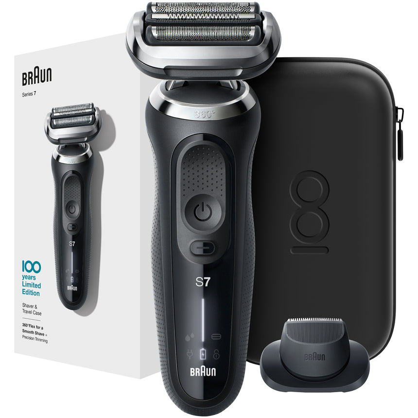 Aparat de ras electric Braun Series 7 MBS7 Max Braun 100 years Design Edition, Wet&Dry, 4 elemente de taiere, SensoFlex, AutoSense, accesoriu pentru tuns, Trusa de voiaj, Negru