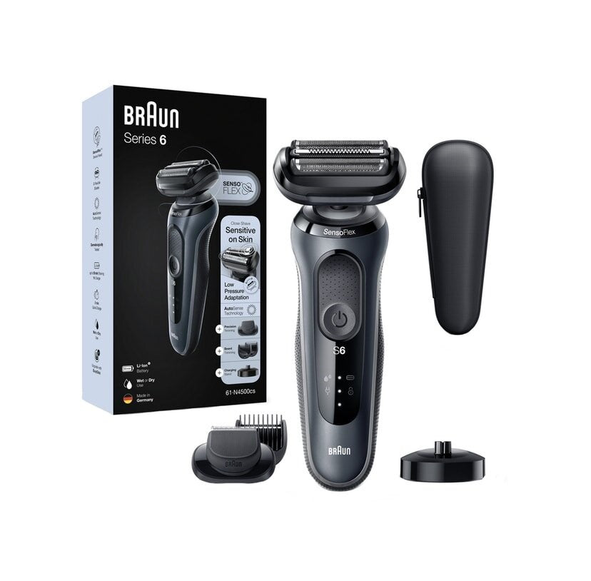 Aparat de ras electric Braun Series 6 61-N4500cs Wet&Dry, AutoSense, 4 elemente de taiere, SensoFlex, Statie de incarcare, accesorii pentru ingrijirea barbii, Trusa de voiaj, Gri
