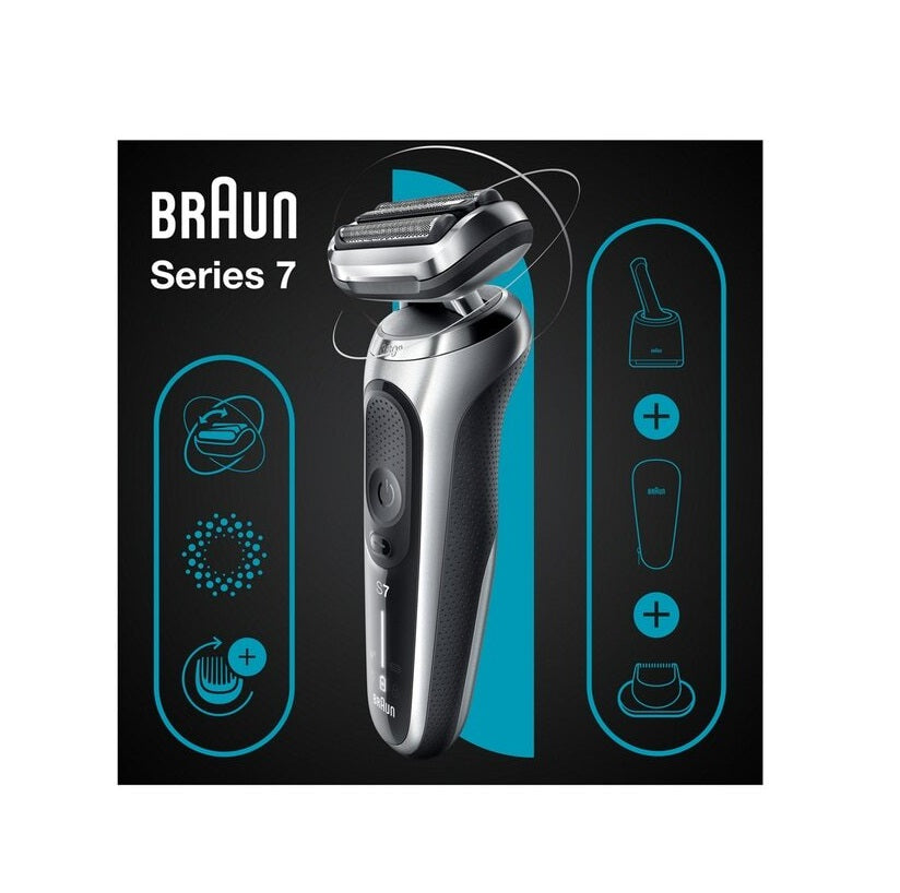 Aparat de ras Braun Series 7 71-S7200cc, Wet&Dry, AutoSense, SensoFlex, autonomie 50 min, 3 elemente de taiere, trusa voiaj, Negru/Argintiu