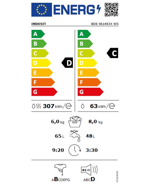 Masina de spalat rufe cu uscator Indesit BDE861483XWSEUN, 8 kg spalare, 6 kg uscare, 1400 rpm, Clasa C, Motor Inverter, Display Digital, Alb