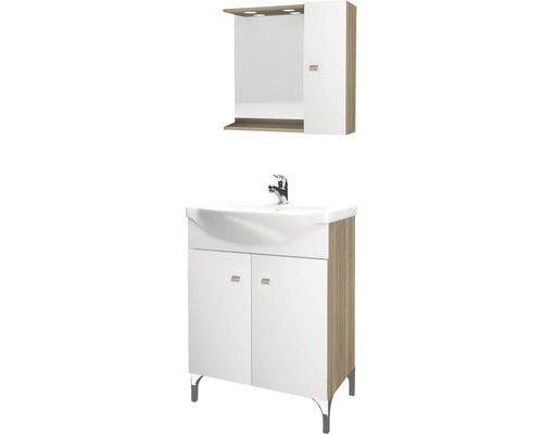 Set Mobilier, Baie Savini Due Bicolor 65 cm, Include Baza Lavoar, Lavoar si Dulap cu Oglinda si Spoturi LED, Alb Lucios