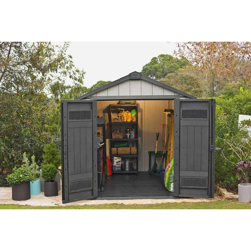 Casuta de gradina Oakland 757, 2.42x2.23x2.29 m, gri maroniu