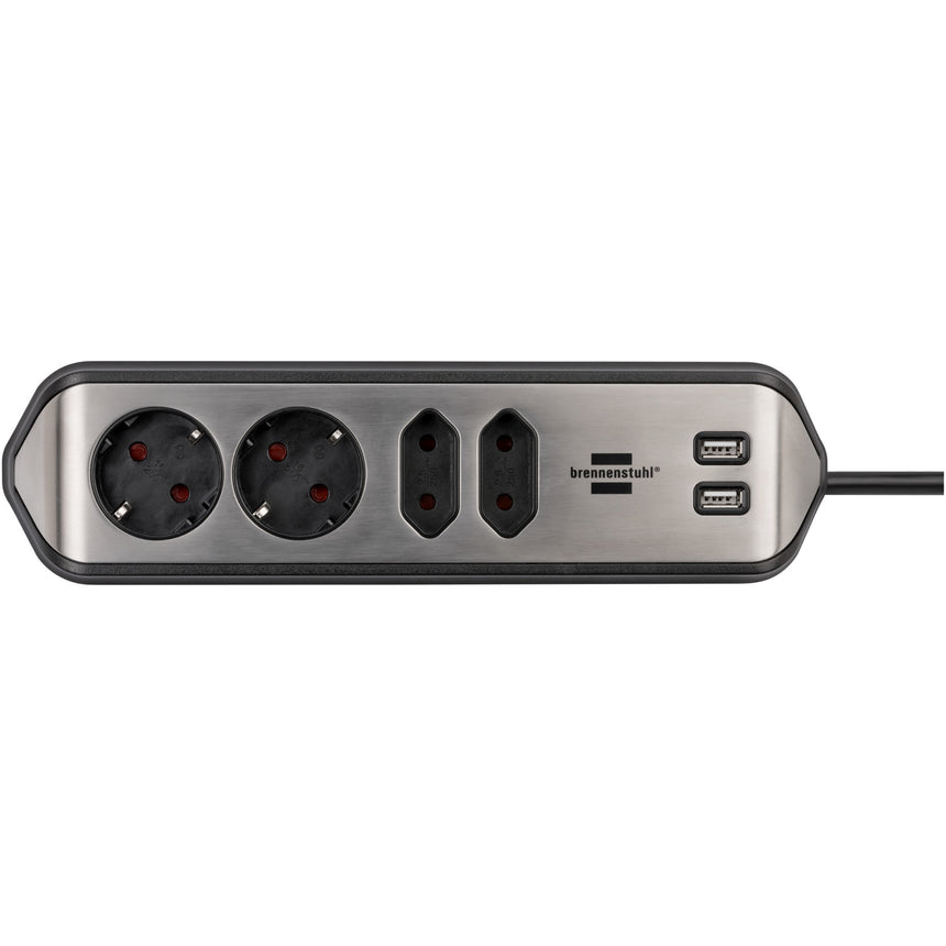 Prelungitor pentru perete/colt Brennenstuhl Estilo, 4 prize, 2xUSB 3.1 A, H05VV-F 3G1.5, 2m, Argintiu/Negru