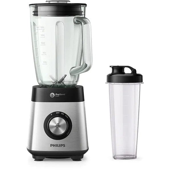Blender Philips Whale, 1000 W, Carcasa din metal, Viteza variabila si impuls, Vas sticla 2 L, Accesoriu sticla on-the-go, Negru/Argintiu