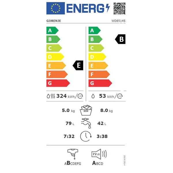 Masina de spalat rufe frontala cu uscator GORENJE WD8514S, 8/5 kg, 1400rpm, Clasa E, Alb