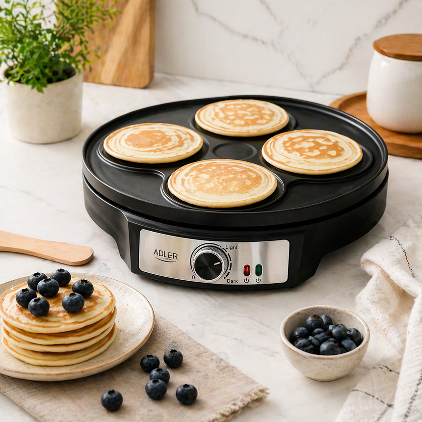 Aparat Clătite Electric Adler AD3093, 1600W, 30 cm, Suprafață Antiaderentă, Temperatură Reglabilă – Ideal pentru Pancakes, Negru-Argintiu