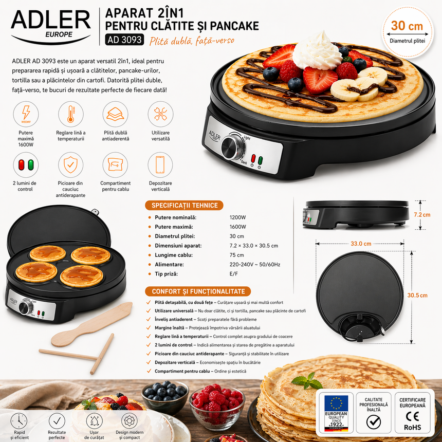 Aparat Clătite Electric Adler AD3093, 1600W, 30 cm, Suprafață Antiaderentă, Temperatură Reglabilă – Ideal pentru Pancakes, Negru-Argintiu