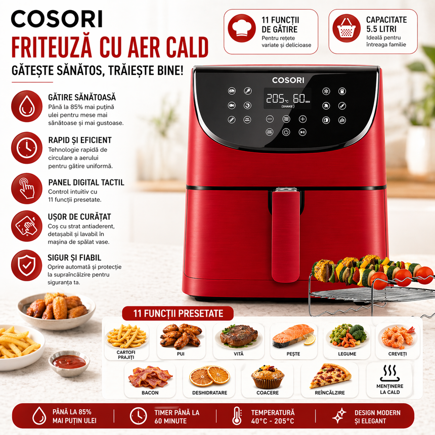 Friteuză fără Ulei Cosori 5.5L, 1700W, 11 Programe, Ecran Digital, Accesorii Grătar si Frigărui, Roșu