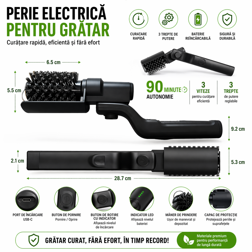 Perie Electrică Grill BBQ Reîncărcabilă, Curățare Rapidă 360°, Fără Fir, Cap Reglabil, Negru