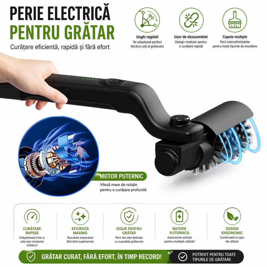 Perie Electrică Grill BBQ Reîncărcabilă, Curățare Rapidă 360°, Fără Fir, Cap Reglabil, Negru
