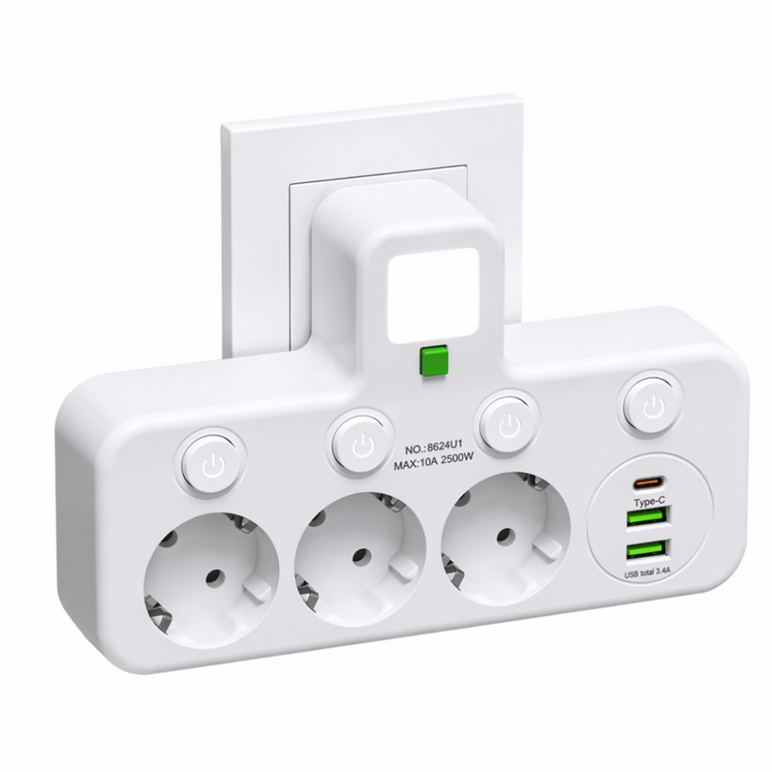 Priza Multipla cu USB, AC/EU, Fara Cablu, Intrerupator Individual, Alb