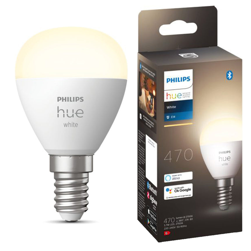 Bec LED inteligent Philips Hue P45, Bluetooth, Zigbee, lustra, E14, 5.7W, 470 lm, lumina alba calda (2700K), clasa energetica G