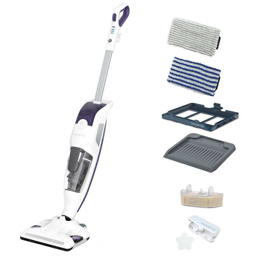 Aspirator vertical cu abur Rowenta Clean & Steam Revolution RY7731WH, 1500W, cablu 7.5m, accesoriu covoare, filtru anticalcar, alb/mov