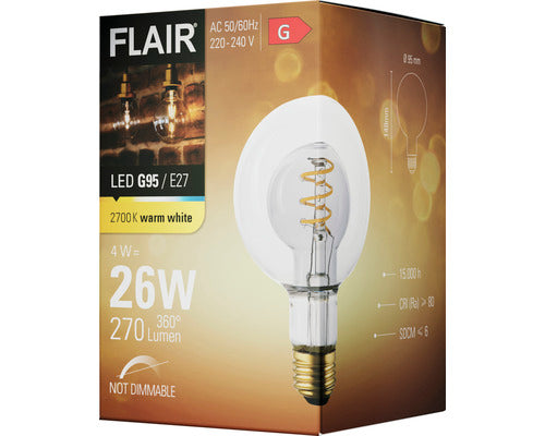 Bec LED Vintage Flair G95, E27, 4W, 270 lm, 2700K Alb Cald, Filament, Glob Clar