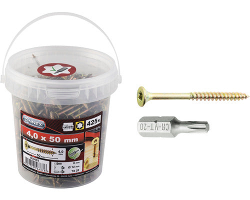 Holsuruburi Universale Cu Cap Inecat Torx Connex 4x50 Mm Otel Zincat Galben Pachet 425 Bucati Incl. Bit Torx 25mm
