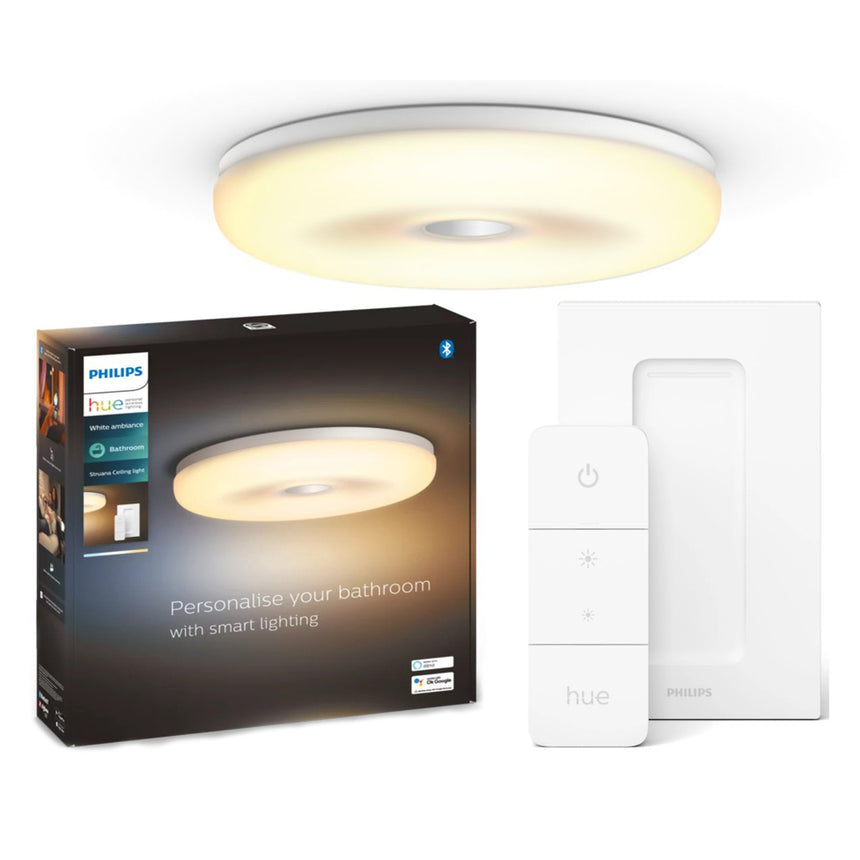 Plafoniera LED inteligenta Philips Hue Struana, Bluetooth, 22W (204W), 2550 lm, lumina ambianta alba (2200-6500K), IP44, 36cm, Alb, Intrerupator cu variator inclus, clasa energetica F