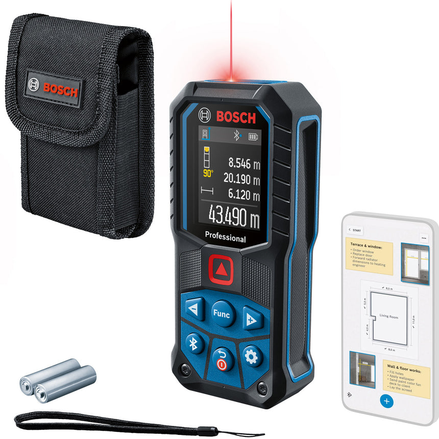 Telemetru cu laser Bosch Professional GLM 50-27 C, 50 m domeniu masurare, 635 nm dioda laser, ± 1.5 mm precizie, IP 65, 1/4" filet stativ, Bluetooth 4.2, geanta protectie, curea transport, 2 baterii 1.5 V LR6 (AA)